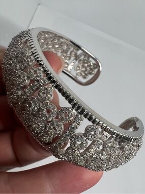 Joseph Esposito Sterling Silver CZ Floral Cuff Bracelet